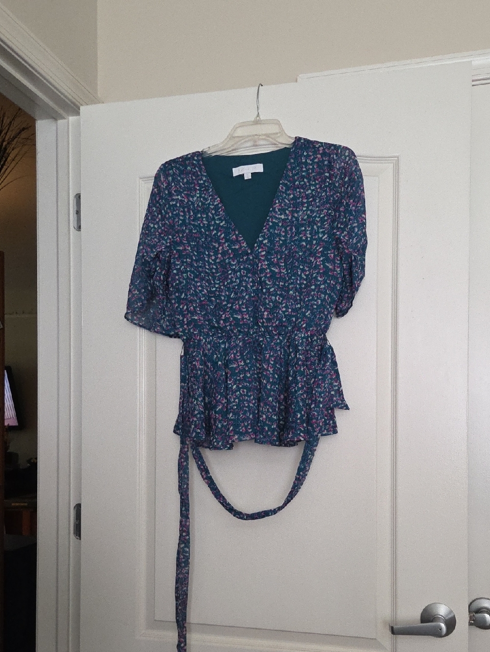 Sugarlips Teal Floral Wrap Peplum Blouse with Pink Accents